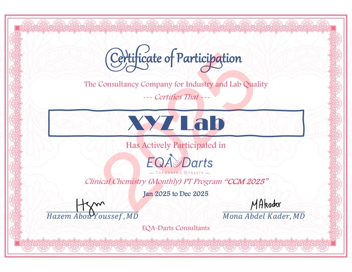 Sample Certificate of Participation for XYZ Lab, Clinical Chemistry (Monthly) PT Program CCM 2025, January to December 2025